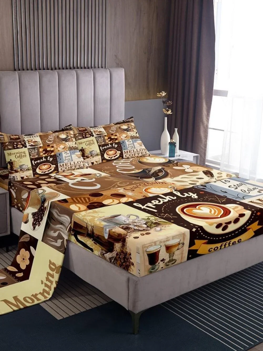 Coffee Bed Sheets King Size,Brown Patchwork Plaid Bedding Set 4Pcs,Food Drink Th